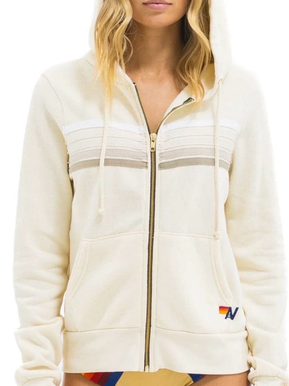Aviator Nation Cream Zip Hoodie with Subtle Stripes